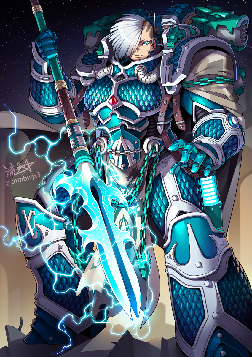 1girl alpha_legion alpharius alpharius_omegon armor breastplate cape chain full_armor gauntlets genderswap genderswap_(mtf) greaves highres holding holding_polearm holding_weapon omegon pauldrons plasma_pistol polearm power_armor primarch ryuusei_(mark_ii) short_hair shoulder_armor signature spear standing undercut warhammer_40k weapon white_hair