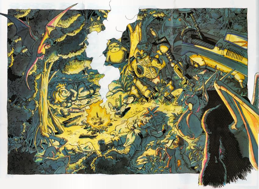 1990s_(style) 1boy 1girl absurdres ayla_(chrono_trigger) boots unworn_boots bottle campfire chrono_(series) chrono_trigger crono_(chrono_trigger) epoch fire forest highres horns kilwala monster nature night nu_(chrono_trigger) official_art pants retro_artstyle robo_(chrono_trigger) robot scan scan_artifacts scarf short_hair sleeping sleeveless smoke square_enix sword toriyama_akira tree vehicle weapon wings wristband
