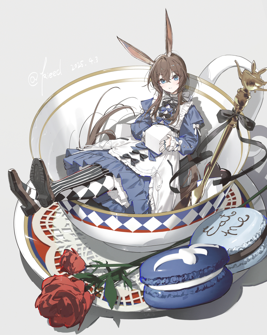 absurdres alice_(alice_in_wonderland) alice_(alice_in_wonderland)_(cosplay) alice_in_wonderland alternate_costume amiya_(arknights) animal_ears apron arknights black_bow black_thighhighs blue_bow blue_dress blue_eyes blush bow box brown_hair brown_shoes checkered_thighhighs closed_mouth cosplay crossed_legs cup dress flower food hair_between_eyes highres holding holding_box kieed long_hair looking_at_viewer macaron pout rabbit_ears rabbit_girl red_flower red_rose rose shoes sidelocks striped_clothes striped_thighhighs teacup thighhighs vertical-striped_clothes vertical-striped_thighhighs white_apron