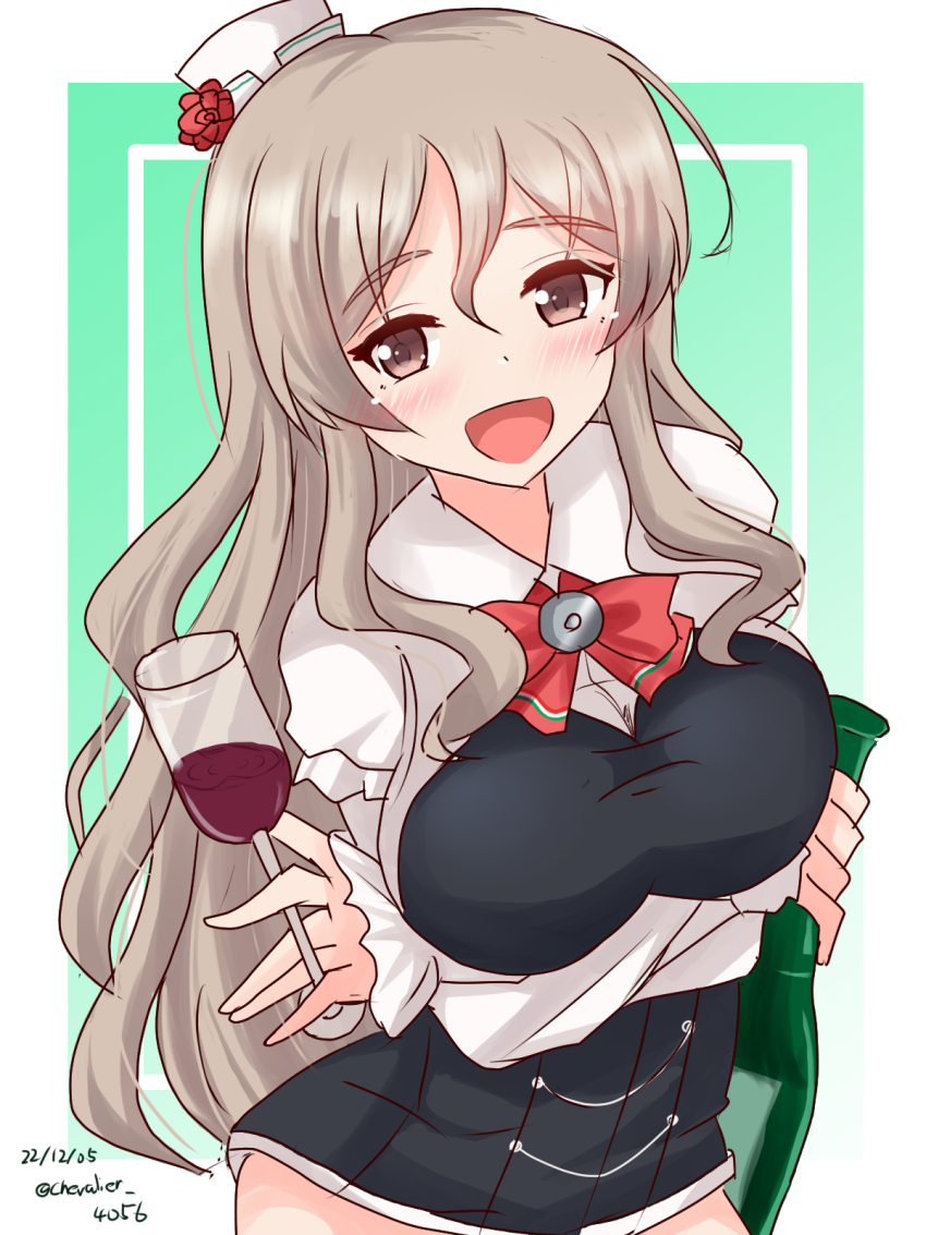 1girl alcohol ascot blush bottle collared_shirt corset cup dated drinking_glass drunk grey_hair hair_between_eyes hat highres holding holding_bottle kantai_collection mini_hat no_pants open_mouth pola_(kancolle) sawatani_(chevalier_04056) shirt signature solo thick_eyebrows tilted_headwear twitter_username wavy_hair wine wine_bottle wine_glass