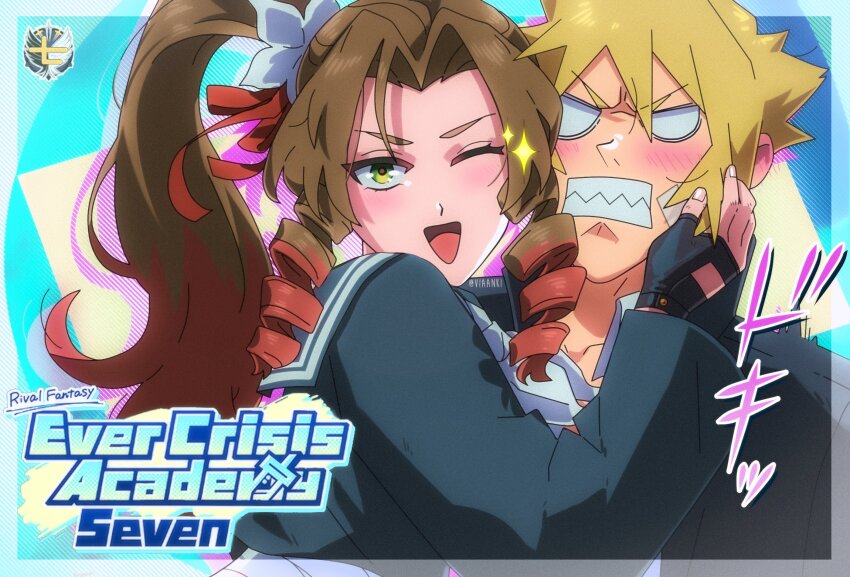 1boy 1girl aerith_gainsborough aerith_gainsborough_(midgard_seventh_high_school) bandaid bandaid_on_cheek bandaid_on_face black_gloves black_jacket black_sailor_collar black_shirt blonde_hair brown_hair clenched_teeth cloud_strife cloud_strife_(midgard_seventh_high_school) collared_shirt colored_tips couple delinquent emi-bianchi final_fantasy final_fantasy_vii final_fantasy_vii_ever_crisis fingerless_gloves flower furrowed_brow gakuran gloves green_eyes grey_neckerchief hair_flower hair_ornament hair_ribbon hand_on_another&#039;s_cheek hand_on_another&#039;s_face hetero highres jacket long_hair multicolored_hair neckerchief official_alternate_costume one_eye_closed open_mouth parted_bangs red_hair red_ribbon ribbon sailor_collar school_uniform sharp_teeth shirt short_hair sidelocks smile sparkle spiked_hair sukeban teeth twitter_username upper_body white_eyes white_flower white_shirt