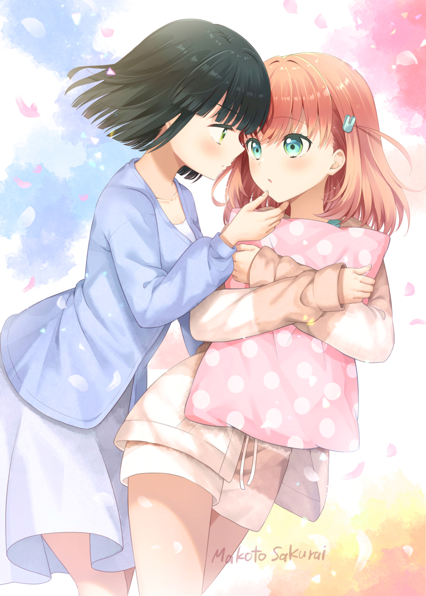 2girls aqua_eyes artist_name black_hair blue_background blue_cardigan blue_shirt blunt_bangs blunt_ends blush bob_cut breasts brown_jacket cardigan collarbone colorful_background commentary_request cowboy_shot dress eye_contact falling_petals green_eyes hair_intakes hair_ornament hand_on_another&#039;s_chin highres hinoshita_kaho hinoshita_kaho_(summer_loungewear) jacket link!_like!_love_live! long_sleeves looking_at_another love_live! medium_breasts medium_hair momose_ginko momose_ginko_(summer_loungewear) multiple_girls orange_hair parted_lips petals pink_petals polka_dot_pillow rabbit_hair_ornament red_background sakurai_makoto_(custom_size) shirt short_dress short_hair short_shorts shorts signature sleeves_past_wrists two_side_up virtual_youtuber white_dress white_shorts yellow_background yuri