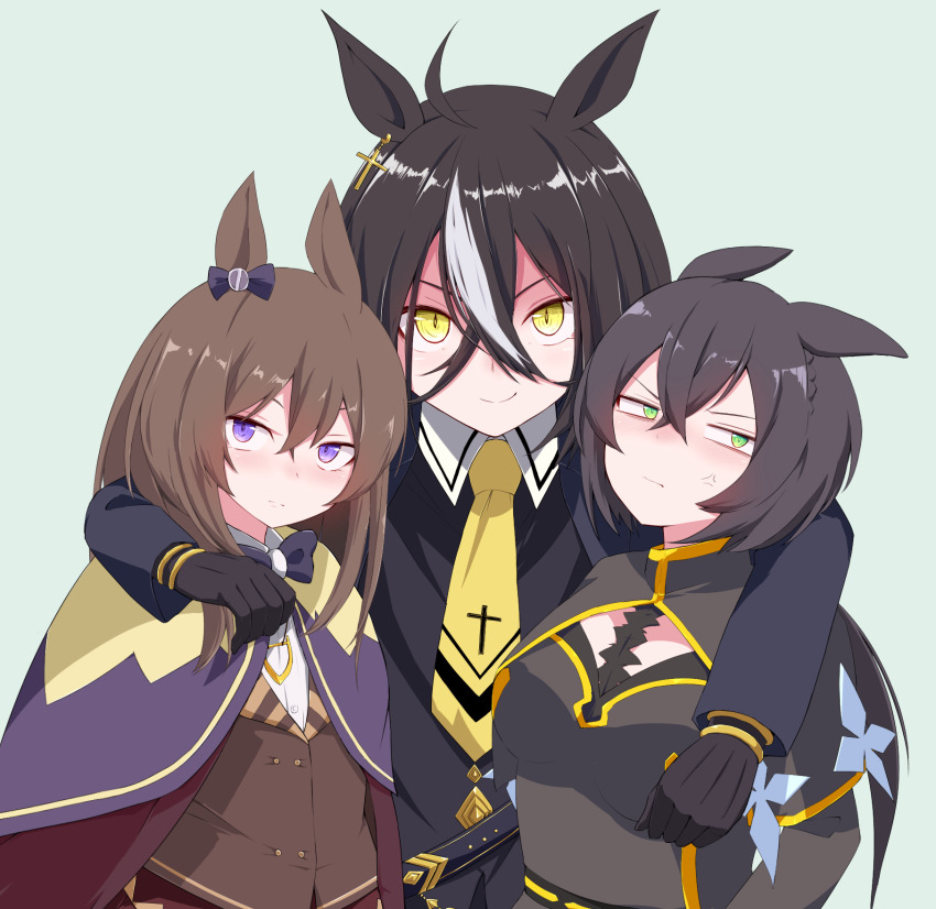 3girls ahoge anger_vein animal_ears arm_around_neck belt black_belt black_capelet black_gloves black_hair blue_bow blue_bowtie bow bowtie braid brown_hair capelet cloak commentary cross cross_earrings crown_braid deep_impact_(umamusume) ear_bow earrings genderswap genderswap_(mtf) gloves gold_trim green_background green_eyes grey_hair hair_between_eyes highres horse_ears horse_girl jewelry kin&#039;iro_ryotei_(umamusume) looking_at_viewer multicolored_hair multiple_girls necktie okumari original personification purple_bow purple_cloak purple_eyes sideways_glance single_earring streaked_hair sunday_silence_(racehorse) two-tone_hair umamusume upper_body v-shaped_eyebrows yellow_eyes yellow_necktie
