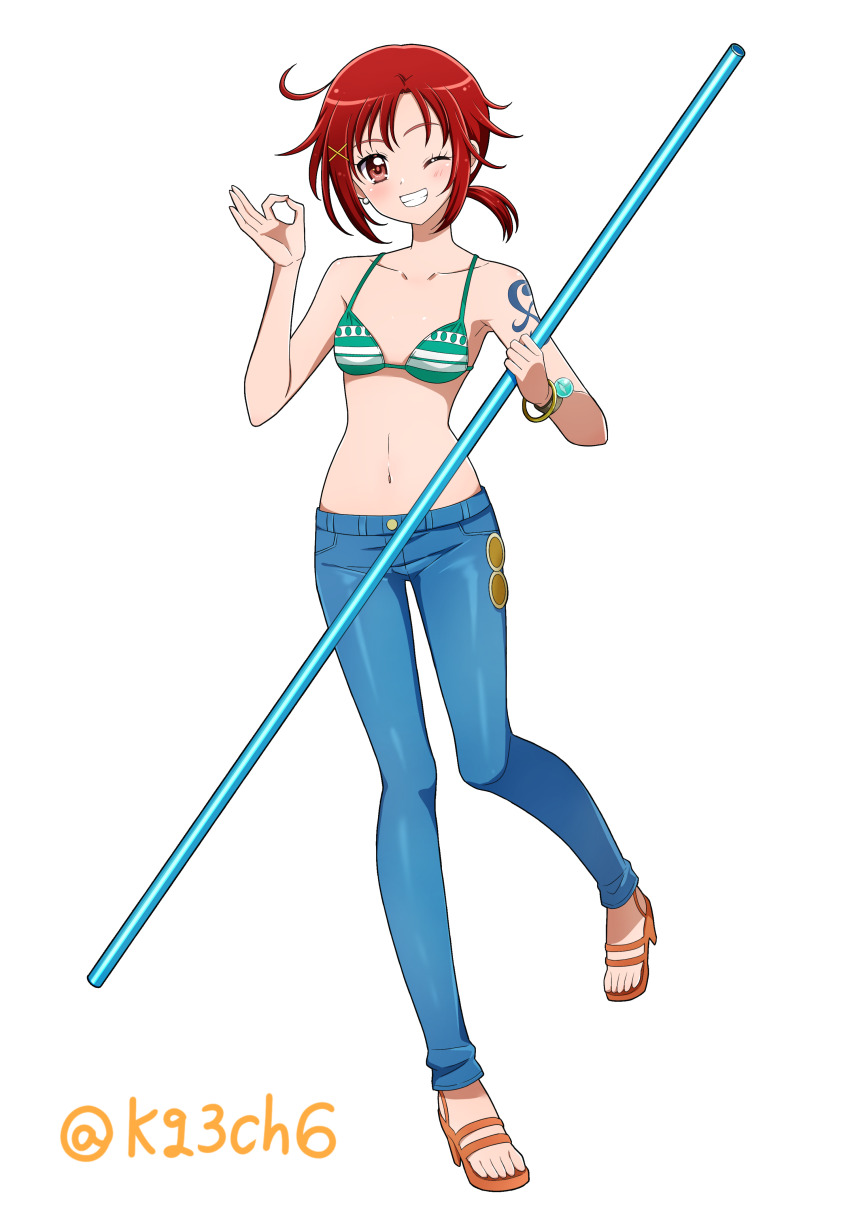 1girl ;d absurdres bangle bare_arms bikini bikini_top_only blue_pants blush bracelet breasts clima-tact collarbone commentary commission company_connection cosplay denim earrings full_body gold_bracelet green_bikini grin hair_ornament highres hino_akane_(smile_precure!) holding holding_polearm holding_weapon jeans jewelry kagami_chihiro knees_together_feet_apart log_pose looking_at_viewer low_ponytail money_gesture nami_(one_piece) nami_(one_piece)_(cosplay) nami_(one_piece)_(return_to_sabaody) navel no_shirt one_eye_closed one_piece open_mouth pants pearl_earrings pixiv_commission polearm ponytail precure red_eyes red_hair sandals short_ponytail shoulder_tattoo small_breasts smile smile_precure! solo standing swimsuit tattoo teeth toei_animation toes twitter_username weapon white_background x_hair_ornament