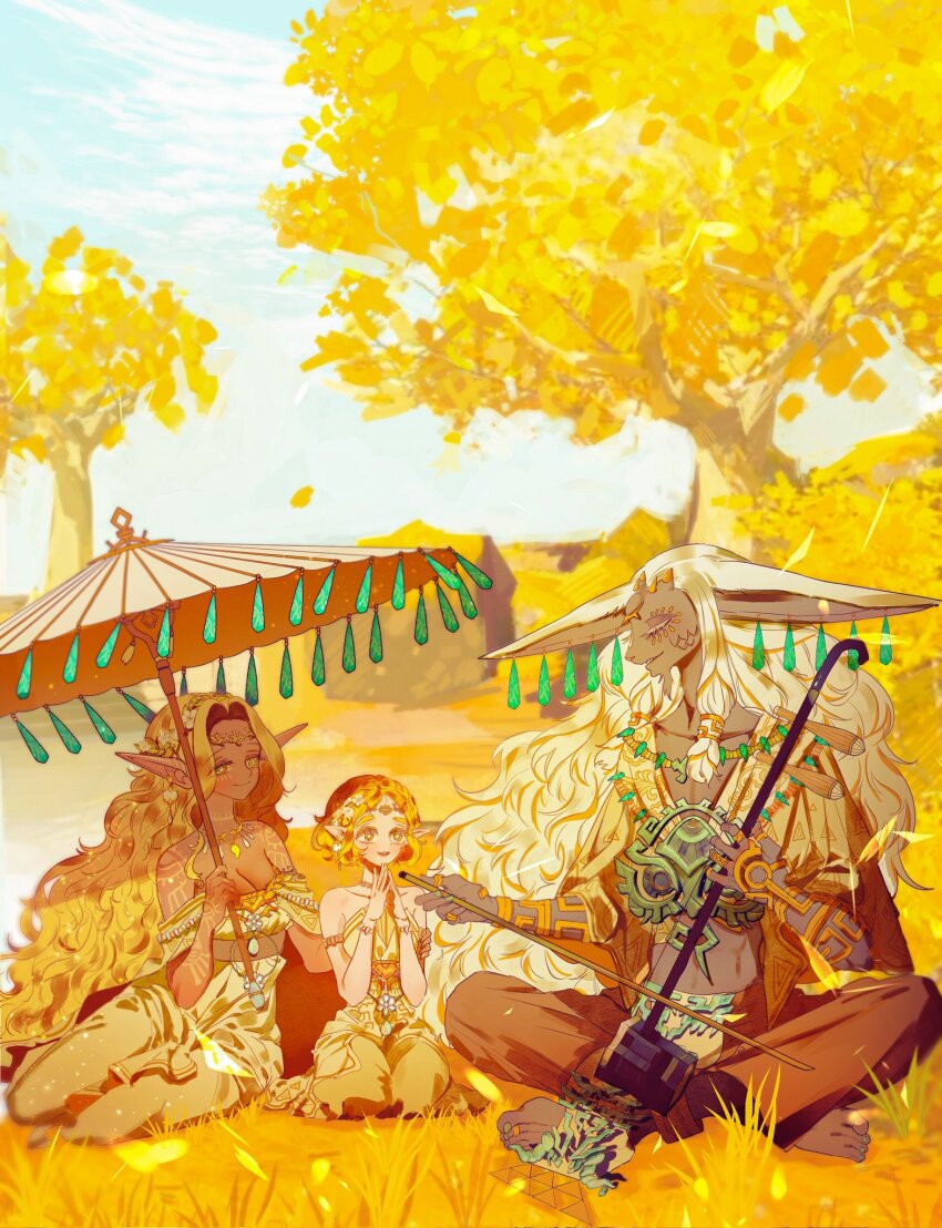 1boy 2girls blonde_hair breasts cleavage dark-skinned_female dark_skin grass grey_hair highres instrument long_hair looking_at_another multiple_girls nintendo pointy_ears princess_zelda rauru_(tears_of_the_kingdom) seusojeldaleul-wihaejug-eum sitar smile sonia_(zelda) tattoo the_legend_of_zelda the_legend_of_zelda:_tears_of_the_kingdom tree umbrella very_long_ears very_long_hair zonai