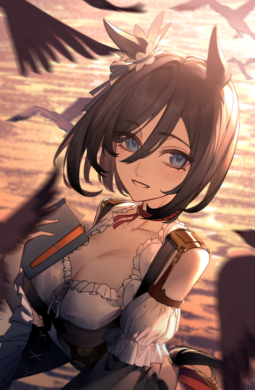animal_ears backlighting bare_shoulders bird black_hair blue_eyes blush book breasts choker cleavage clothing_cutout collarbone commentary eishin_flash_(umamusume) frilled_sleeves frills german_commentary grin hair_between_eyes highres holding holding_book horse_ears horse_girl horse_tail large_breasts long_sleeves outdoors parted_lips pen red_choker short_hair smile tail tail_through_clothes umamusume underbust upper_body water wide_sleeves yangsan_(2991076090)