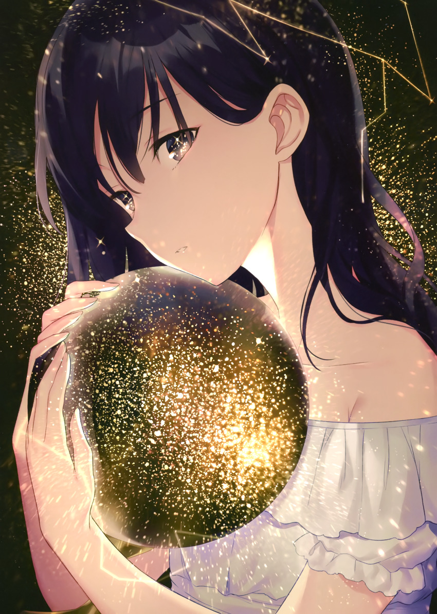 1girl absurdres achiki ball bare_shoulders black_background black_hair close-up collarbone constellation dress expressionless eyes_visible_through_hair female_focus frilled_sleeves frills from_side glowing hair_behind_ear hair_between_eyes hair_over_shoulder head_tilt highres holding holding_ball holding_to_chest leo_(constellation) long_hair looking_at_viewer looking_to_the_side multicolored_background multicolored_eyes off-shoulder_dress off_shoulder open_mouth orb original parted_lips planetarium short_sleeves simple_background solo sparkling_eyes tareme upper_body white_dress yellow_background