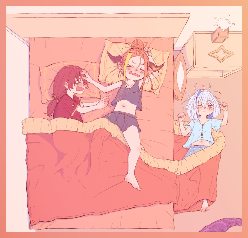 3girls adidas aged_down alternate_costume alternate_hairstyle amane_kanata angel asacoco barefoot bed black_shirt black_shorts blanket blonde_hair blue_hair child closed_eyes colored_inner_hair dragon_girl dragon_horns fake_tail fangs feet ginzuchi hair_between_eyes hair_bun halo highres hololive horns houshou_marine indoors kiryu_coco medium_hair messy_hair midriff midriff_peek multicolored_hair multiple_girls nightstand on_floor one_eye_closed open_mouth orange_hair pajamas pillow plug polka_dot_pants pp_tenshi_t-shirt red_hair red_shirt sex_toy shirt shorts silver_hair single_hair_bun skin_fangs sleeping sleepwear stomach streaked_hair tail teardrop under_covers virtual_youtuber waking_up wavy_mouth