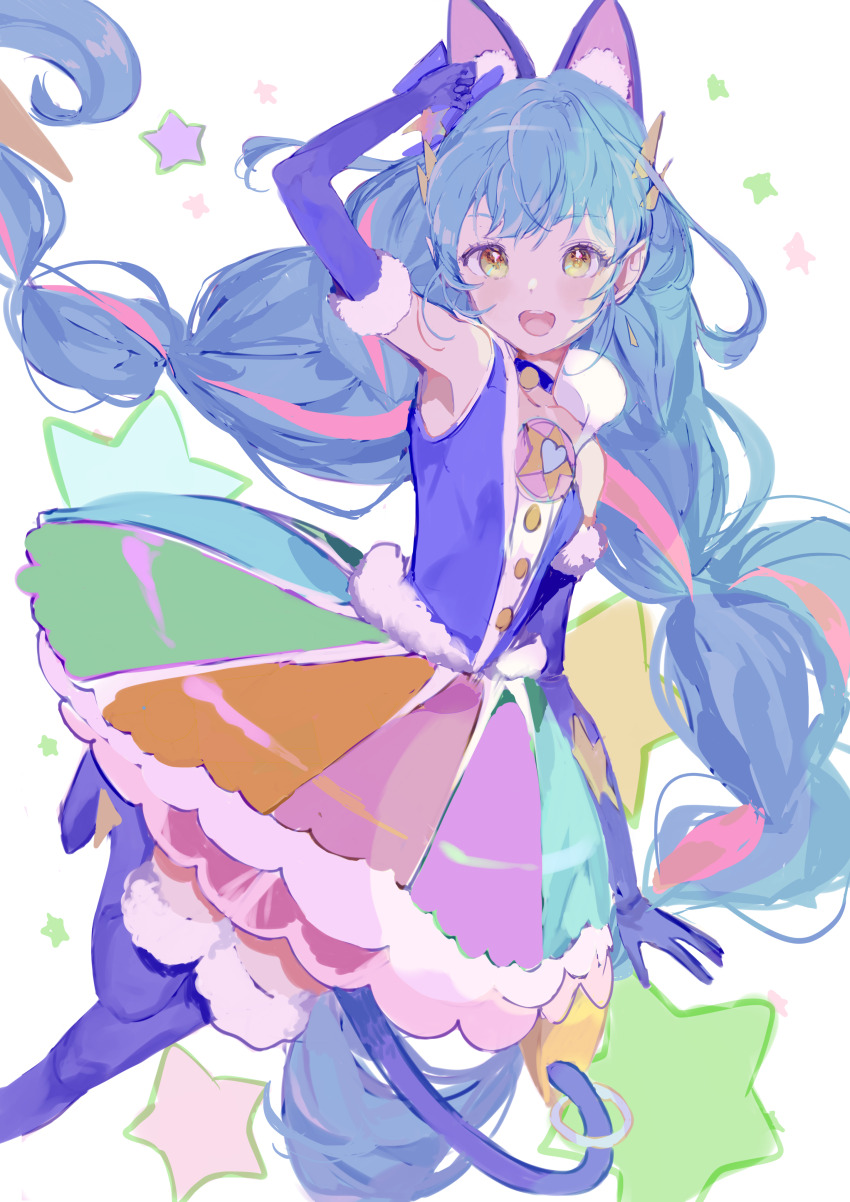 1girl absurdres animal_ears blue_choker blue_gloves blue_hair brooch cat_ears cat_tail choker cure_cosmo extra_ears fur-trimmed_gloves fur_trim gloves highres jewelry long_hair magical_girl multicolored_skirt open_mouth precure rainbow_skirt seika_(yuimarutoka0219) skirt sleeveless smile solo star_brooch star_twinkle_precure tail tail_ornament tail_ring twintails yellow_eyes yuni_(precure)