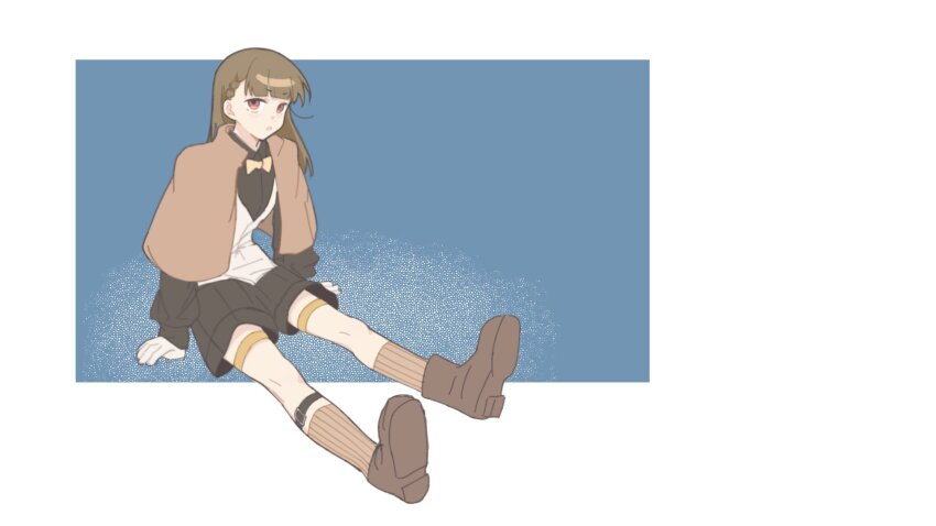 1girl alternate_costume black_shirt black_shorts blue_background boots border braid brown_boots brown_capelet brown_hair brown_socks capelet center-flap_bangs full_body highres kachimachi_kosuzu link!_like!_love_live! long_sleeves love_live! multiple_thigh_straps open_mouth outside_border rai_(kn51ll) shirt shorts side_braids sitting socks solo vest virtual_youtuber white_border white_vest
