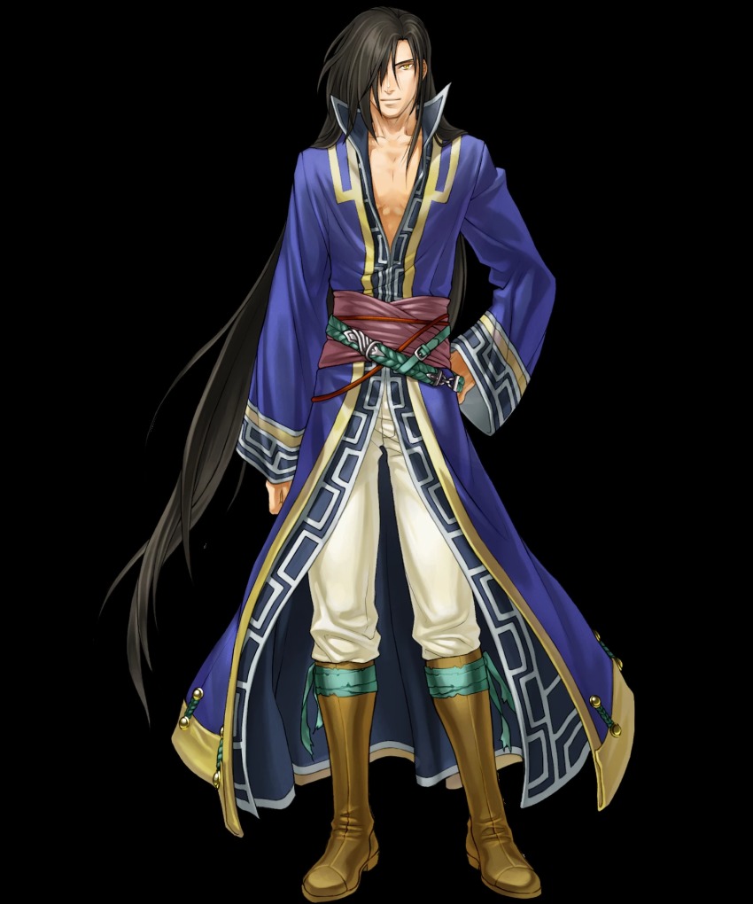 1boy boots brown_hair fire_emblem fire_emblem:_the_blazing_blade fire_emblem_heroes full_body hair_over_one_eye highres karel_(fire_emblem) kita_senri long_hair male_focus nintendo official_art pectorals solo transparent_background very_long_hair yellow_eyes