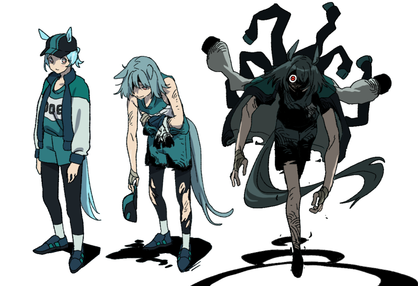 baseball_cap black_leggings blue_hair brown_eyes collage cyan_(horse_race_tests) dual_persona full_body hair_over_one_eye hat horse_girl horse_race_tests horse_tail jersey leggings long_sleeves meka_aoratos multiple_views oob_(horse_race_tests) ponytail red_eyes shaded_face shoes short_hair shorts simple_background sleeveless sneakers tail torn_clothes torn_leggings white_background