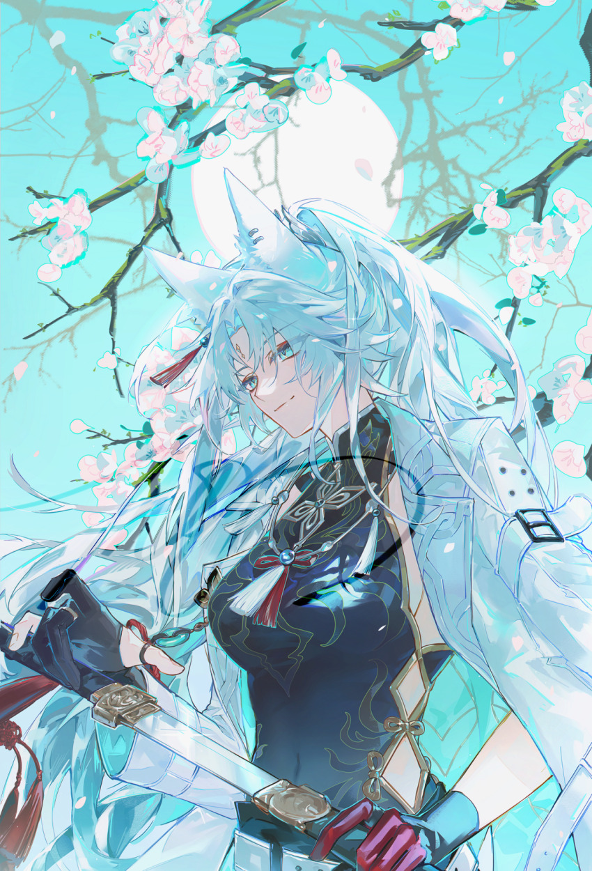 1girl animal_ears belt breasts chinese_clothes coat eyeliner feixiao_(honkai:_star_rail) forehead_jewel fox_ears high_ponytail highres holding holding_sword holding_weapon honkai:_star_rail honkai_(series) jewelry jian_(weapon) long_hair makeup mors_gn open_clothes open_coat parted_bangs ponytail red_eyeliner smile solo sword upper_body weapon white_belt white_coat white_hair