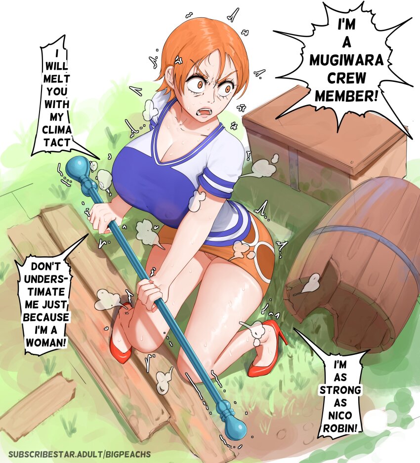 1girl absurdres angry barrel breasts cleavage clima-tact english_text female_pubic_hair full_body high_heels highres large_breasts nami_(one_piece) nami_(one_piece)_(east_blue) no_panties one_piece open_mouth orange_hair pubic_hair puri_(wettypeach) pussy shirt short_hair skirt solo speech_bubble striped_clothes striped_shirt talking thighs upskirt v-neck wood yellow_skirt