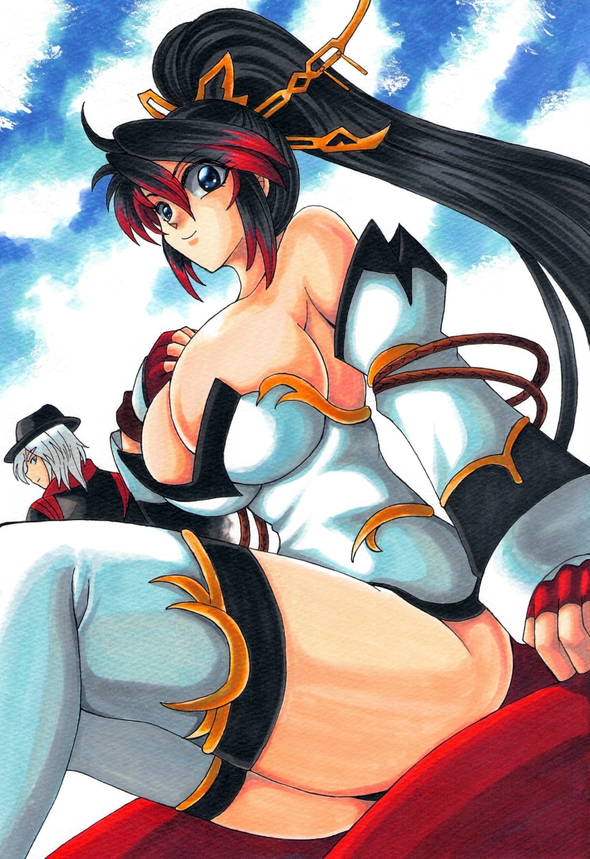 1boy 1girl bare_shoulders black_hair blue_eyes breasts cleavage detached_sleeves highres large_breasts long_hair multicolored_hair nanbu_kaguya ponytail red_hair super_robot_wars thighhighs two-tone_hair