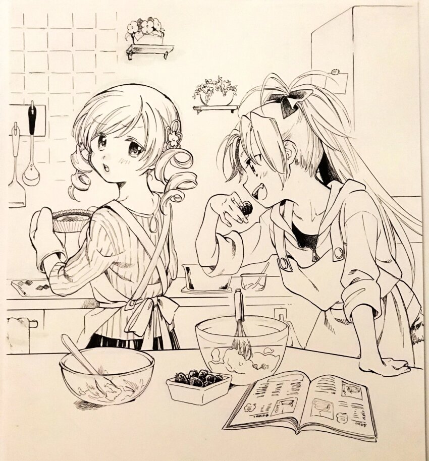 2girls alternate_costume apron back_bow batter blush_stickers book bow bowl buttons casual commentary_request cookbook cooking cowboy_shot criss-cross_back-straps denim denim_shorts drill_hair eating fang food fruit fur-trimmed_shorts fur_trim furrowed_brow greyscale hair_bow hair_ornament hairpin hand_on_table high_ponytail highres holding holding_food holding_fruit hood hood_down hooded_jacket indoors jacket kitchen ladle long_hair long_sleeves looking_at_another looking_back mahou_shoujo_madoka_magica mahou_shoujo_madoka_magica_(anime) monochrome multiple_girls no+bi= open_book open_mouth oven_mitts plant ponytail potted_plant sakura_kyoko shelf shorts skirt smile strawberry sweater teeth tomoe_mami towel traditional_media twin_drills upper_teeth_only vertical-striped_sleeves vertical-striped_sweater very_long_hair whisk