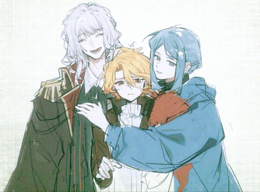 1boy 2girls bari_(project_moon) black_coat black_jacket blonde_hair blue_eyes blue_hair blue_jacket brown_coat closed_eyes coat don_quixote_(project_moon) highres hug jacket jingshenhuanghu la_manchaland&#039;s_don_quixote_(project_moon) limbus_company long_hair multiple_girls open_mouth parted_bangs project_moon red_eyes sancho_(project_moon) short_hair smile white_hair white_jacket
