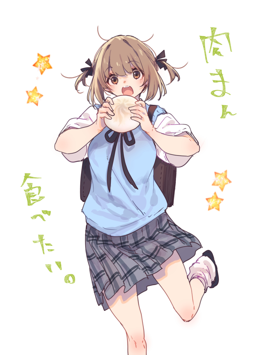 1girl :o black_ribbon black_shoes blue_sweater_vest blush breasts brown_eyes brown_hair commentary_request food foot_out_of_frame grey_skirt hair_ribbon hamayumiba_sou highres holding holding_food leg_up looking_at_viewer loose_socks maehara_nina medium_breasts medium_hair miniskirt ochikobore_fruit_tart open_mouth plaid_clothes plaid_skirt pleated_skirt ribbon shirt shoes short_sleeves sidelocks skirt socks solo steamed_bun sweater_vest teeth two_side_up upper_teeth_only white_shirt white_socks