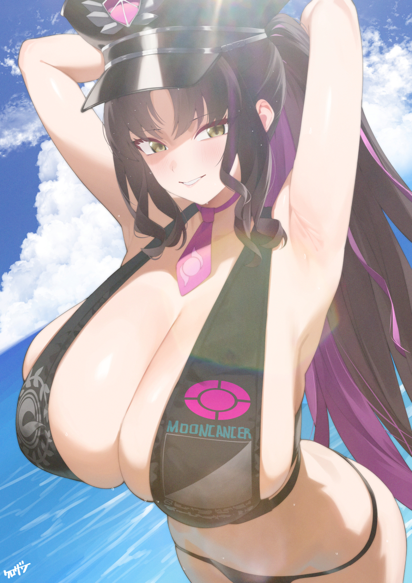1girl absurdres armpits arms_behind_head arms_up bare_shoulders bikini black_bikini black_hair black_hat blue_sky blush breasts cleavage commentary fate/grand_order fate_(series) grin halterneck hat highres kurozawa_yui large_breasts long_hair looking_at_viewer multicolored_hair necktie ocean parted_bangs pink_hair police_hat ponytail sessyoin_kiara sessyoin_kiara_(swimsuit_mooncancer) sessyoin_kiara_(swimsuit_mooncancer)_(second_ascension) sky smile solo streaked_hair sweat swimsuit yellow_eyes