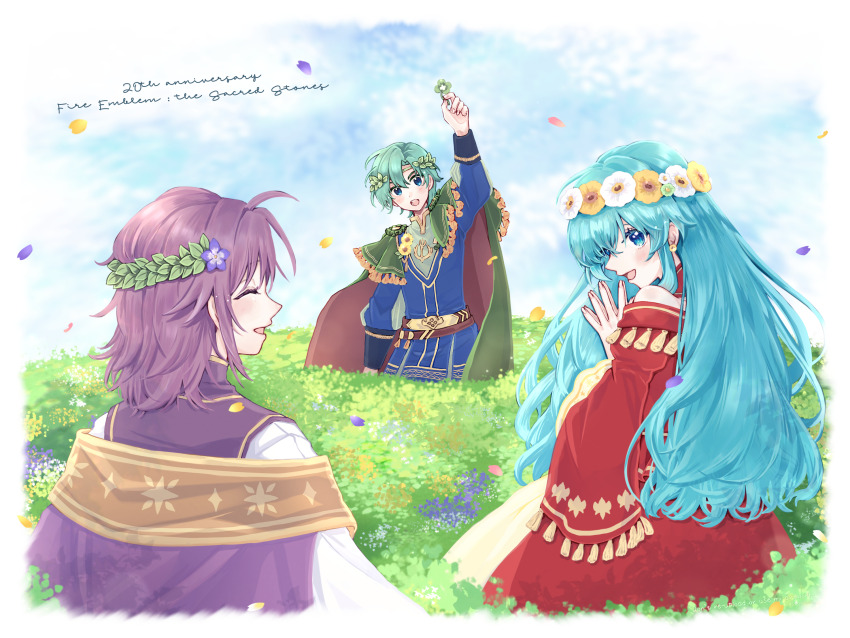 1girl 2boys :d anniversary aqua_hair arm_up belt blue_eyes blue_hair blue_sky blue_tunic blush brown_belt brown_cape cape capelet closed_eyes cloud clover copyright_name curly_hair curtained_hair dress earrings eirika_(fire_emblem) eirika_(valentine)_(fire_emblem) ephraim_(fire_emblem) ephraim_(valentine)_(fire_emblem) falling_petals fire_emblem fire_emblem:_the_sacred_stones fire_emblem_heroes flower four-leaf_clover green_cape green_capelet hands_up head_wreath highres holding holding_clover jewelry leaf long_dress long_hair long_sleeves looking_at_viewer looking_back lyon_(fire_emblem) lyon_(valentine)_(fire_emblem) medium_hair misato_hao multiple_boys nature nintendo off_shoulder open_mouth outdoors own_hands_together parted_bangs petals purple_flower purple_hair purple_robe red_dress robe short_hair side_part sky smile tassel teeth tunic two-sided_cape two-sided_fabric upper_teeth_only v-shaped_eyebrows white_flower white_robe wide_sleeves yellow_flower
