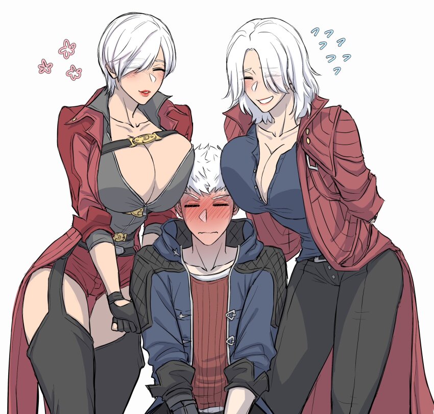 1boy 2girls blush breasts closed_eyes coat dante_(devil_may_cry) devil_may_cry_(series) devil_may_cry_5 dual_persona fingerless_gloves genderswap genderswap_(mtf) gloves highres large_breasts multiple_girls nero_(devil_may_cry) pichuuuchan red_coat short_hair smile thighhighs uncle_and_nephew white_hair