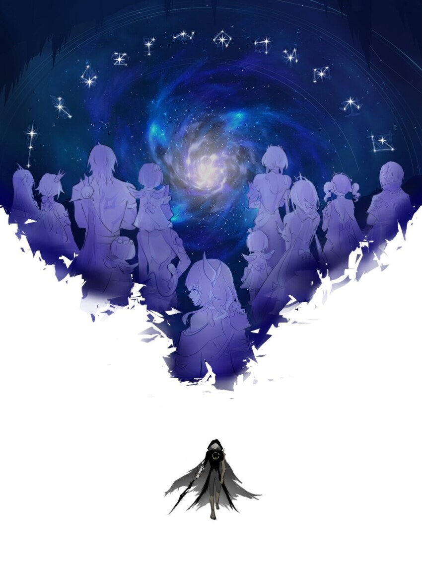 3boys 6+girls aglaea_(honkai:_star_rail) anaxa_(honkai:_star_rail) black_cloak castorice_(honkai:_star_rail) cerydra_(honkai:_star_rail) chrysos_heirs_(honkai:_star_rail) cipher_(honkai:_star_rail) cloak constellation cyrene_(honkai:_star_rail) flame_reaver_of_the_deepest_dark highres holding holding_sword holding_weapon honkai:_star_rail honkai_(series) hood hood_up hyacine_(honkai:_star_rail) hysilens_(honkai:_star_rail) long_hair multiple_boys multiple_girls mydei_(honkai:_star_rail) phainon_(honkai:_star_rail) phdeii short_hair sword trianne_(honkai:_star_rail) tribbie_(honkai:_star_rail) trinnon_(honkai:_star_rail) vortex weapon