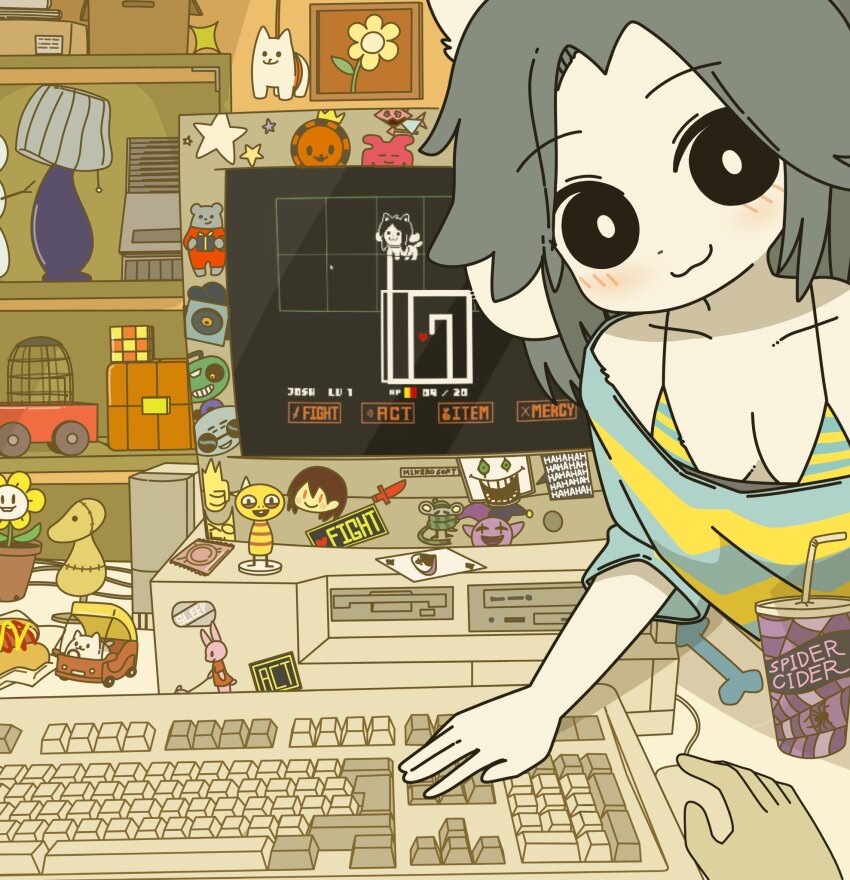 1girl 1other :3 animal_ears annoying_dog black_eyes blue_bra blue_shirt blush bone box bra breasts bright_pupils card cardboard_box chara_(undertale) character_doll character_request cleavage closed_mouth collarbone commentary computer computer_keyboard condom condom_wrapper cozy_coupe crt cup desk disposable_cup dog_ears dog_girl downblouse drink drinking_straw english_text flower flowey_(undertale) furry furry_female gameplay_mechanics grey_hair hair_intakes hat highres jester_cap lamp lampshade leaning_forward looking_at_viewer loose_clothes loose_shirt medium_breasts medium_hair monitor monster_kid_(undertale) off-shoulder_shirt off_shoulder optical_drive parted_bangs personification picture_frame playing_card playing_games pov pov_hands rubik&#039;s_cube shelf shirt short_sleeves smile solo_focus spade_(shape) speaker speech_bubble star_(symbol) sticker striped_bra striped_clothes striped_shirt temmie undertale underwear white_fur white_pupils yagi_(mike_no_hito) yellow_bra yellow_flower yellow_shirt