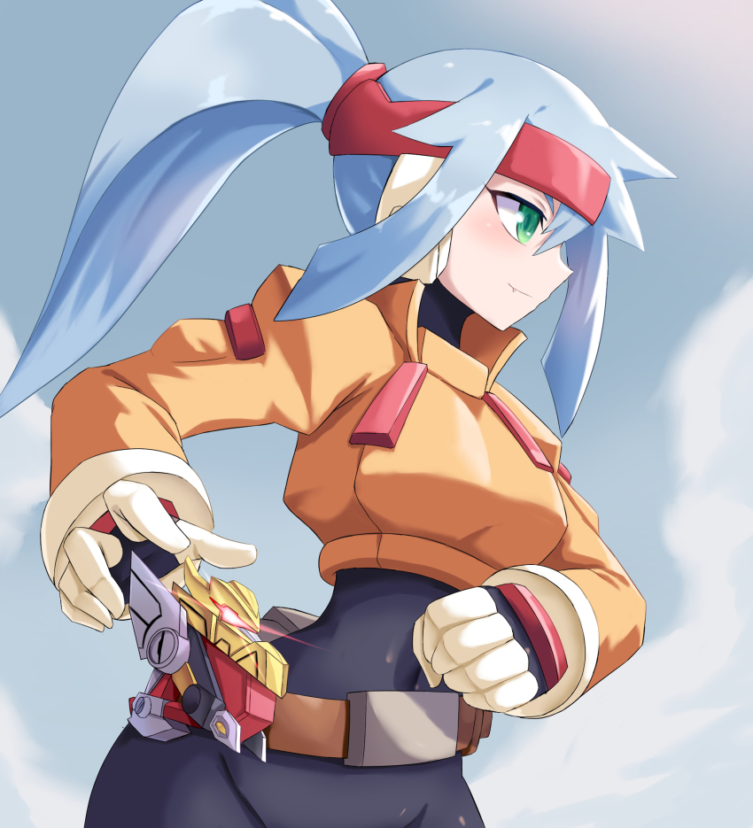 1girl ashe_(mega_man) black_bodysuit blue_hair blush bodysuit bodysuit_under_clothes clenched_hand cowboy_shot cropped_jacket glowing gouryugun green_eyes high_ponytail highres jacket light_blue_hair madan_senki_ryukendo mega_man_(series) mega_man_zx mega_man_zx_advent orange_jacket ponytail profile robot_ears solo zerokun135