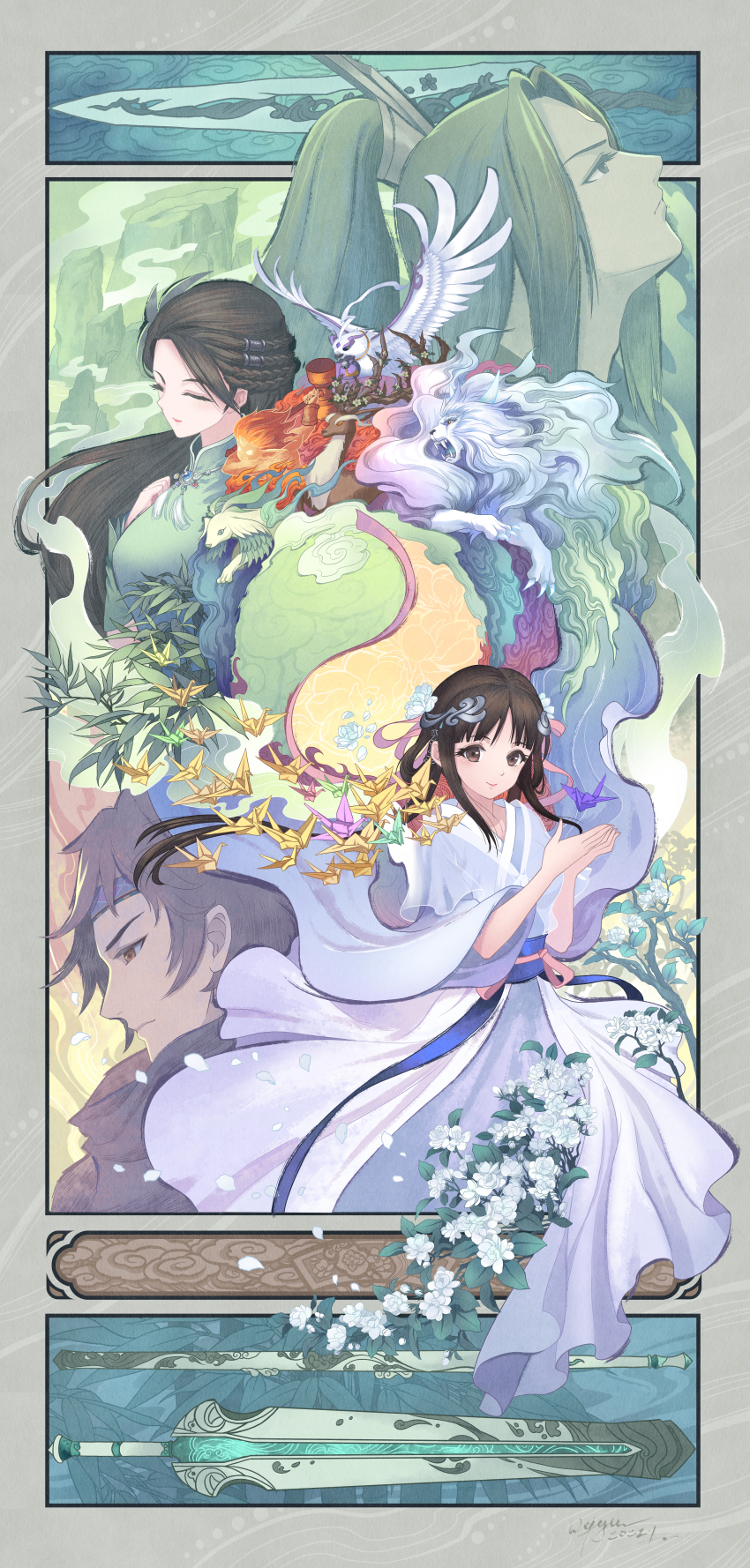 absurdres bird brown_eyes brown_hair character_request chinese_clothes creature deer diamond_dust_(omega) everyone floating floating_clothes floating_object flock flower hawk highres lion long_hair multiple_boys multiple_girls origami paper_crane ponytail smile sword weapon white_flower xianjian_qixia_zhuan zhao_linger