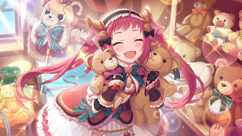 1girl ayane_(princess_connect!) ayane_(real)_(princess_connect!) bow closed_eyes dress hair_bow long_hair official_art open_mouth princess_connect! red_hair stuffed_animal stuffed_toy teddy_bear