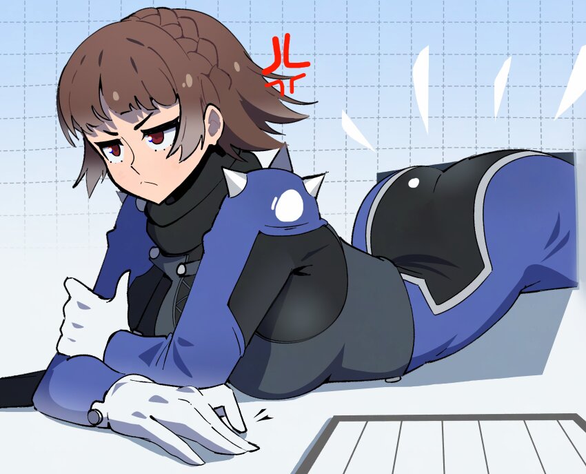 1girl absurdres anger_vein ass black_scarf blue_bodysuit blunt_bangs bodysuit braid breasts brown_hair closed_mouth commentary cowboy_shot crown_braid english_commentary gjh gloves highres large_breasts lying niijima_makoto on_stomach persona persona_5 queen_(persona_5) red_eyes scarf short_hair shoulder_spikes solo spikes stuck through_wall white_gloves