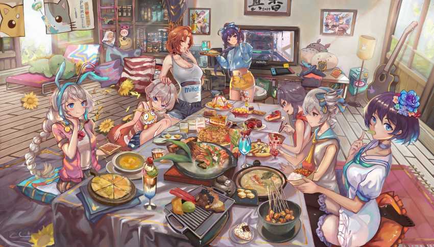 2019 6+girls absurdres bare_shoulders beach_chair black_legwear blue_eyes blue_flower blue_hair blue_jacket bow breasts bronya_zaychik bronya_zaychik_(blue_reunion) bronya_zaychik_(valkyrie_chariot) cabinet chopsticks cleavage commentary flower food frilled_legwear fu_hua grey_eyes grey_hair grill guitar hair_bow hair_flower hair_ornament highres holding holding_chopsticks homu_(honkai_impact) honkai_(series) honkai_impact_3rd ice_cream indoors instrument jacket kallen_kaslana kiana_kaslana long_sleeves looking_at_viewer multiple_girls murata_himeko nintendo_switch open_mouth otto_apocalypse pencil_(2b-pencil) pink_jacket pink_shirt portrait_(object) purple_eyes purple_hair red_hair sailor_collar seele_vollerei shirt short_sleeves sleeveless sleeveless_shirt stuffed_toy sundae table television theresa_apocalypse thighhighs white_hair window yae_sakura
