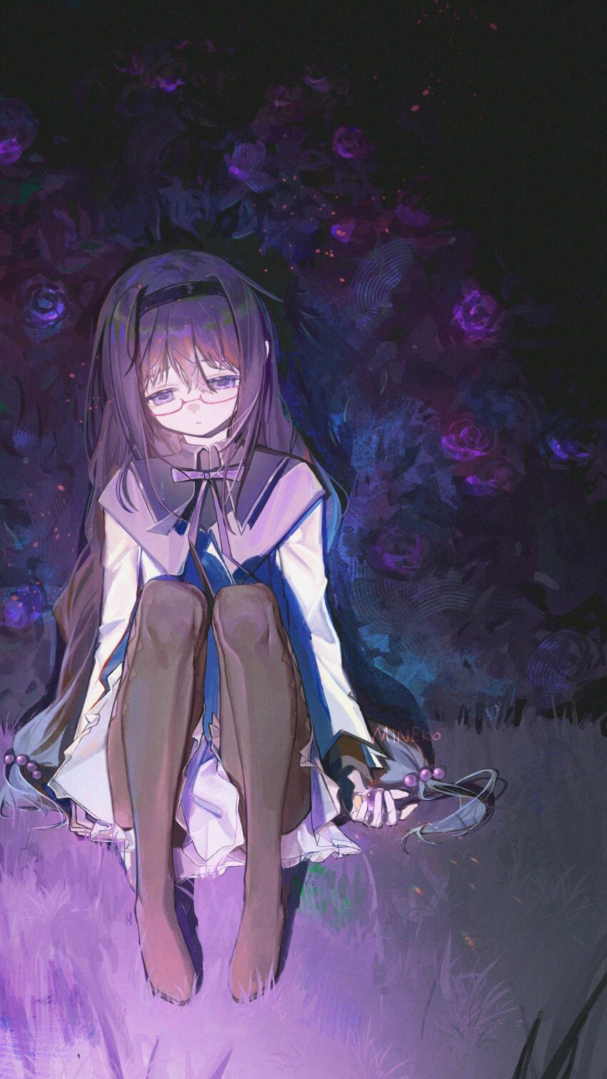 1girl akemi_homura akemi_homura_(magical_girl) argyle_clothes argyle_pantyhose artist_name black_boots black_hairband black_pantyhose boots commentary depressed facing_viewer film_grain grass hair_between_eyes hairband half-closed_eyes highres holding knees_up light_particles long_hair looking_down low-tied_long_hair magical_girl mahou_shoujo_madoka_magica mahou_shoujo_madoka_magica_(anime) neck_ribbon on_grass open_hand outdoors pantyhose parted_lips purple_eyes purple_ribbon purple_sailor_collar purple_theme red-framed_eyewear ribbon sailor_collar semi-rimless_eyewear shirt sitting solo symbol-only_commentary under-rim_eyewear very_long_hair white_shirt wusubamineko