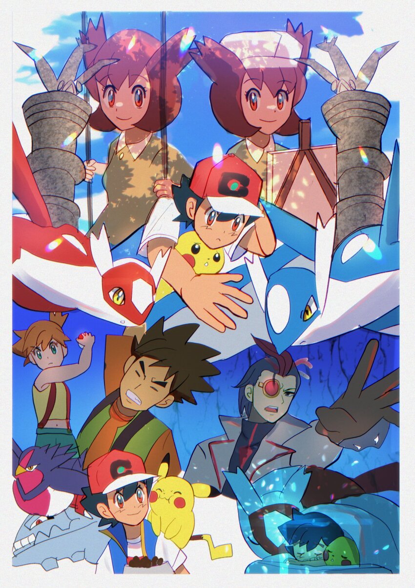 1girl 2boys ash_ketchum asymmetrical_hair bianca_(pokemon_heroes) brock_(pokemon) cowboy_shot denim denim_shorts gen_1_pokemon gen_2_pokemon gen_3_pokemon gym_leader hair_tie hat highres kawo_(kawo2525_) latias latios legendary_pokemon legs misty_(pokemon) multiple_boys nintendo orange_hair pikachu pokemon pokemon_(anime) pokemon_hunter_(jn146) pokemon_journeys pokemon_swsh146 ponytail red_hair shirt short_hair short_shorts shorts side_ponytail steelix suspenders swellow yellow_shirt