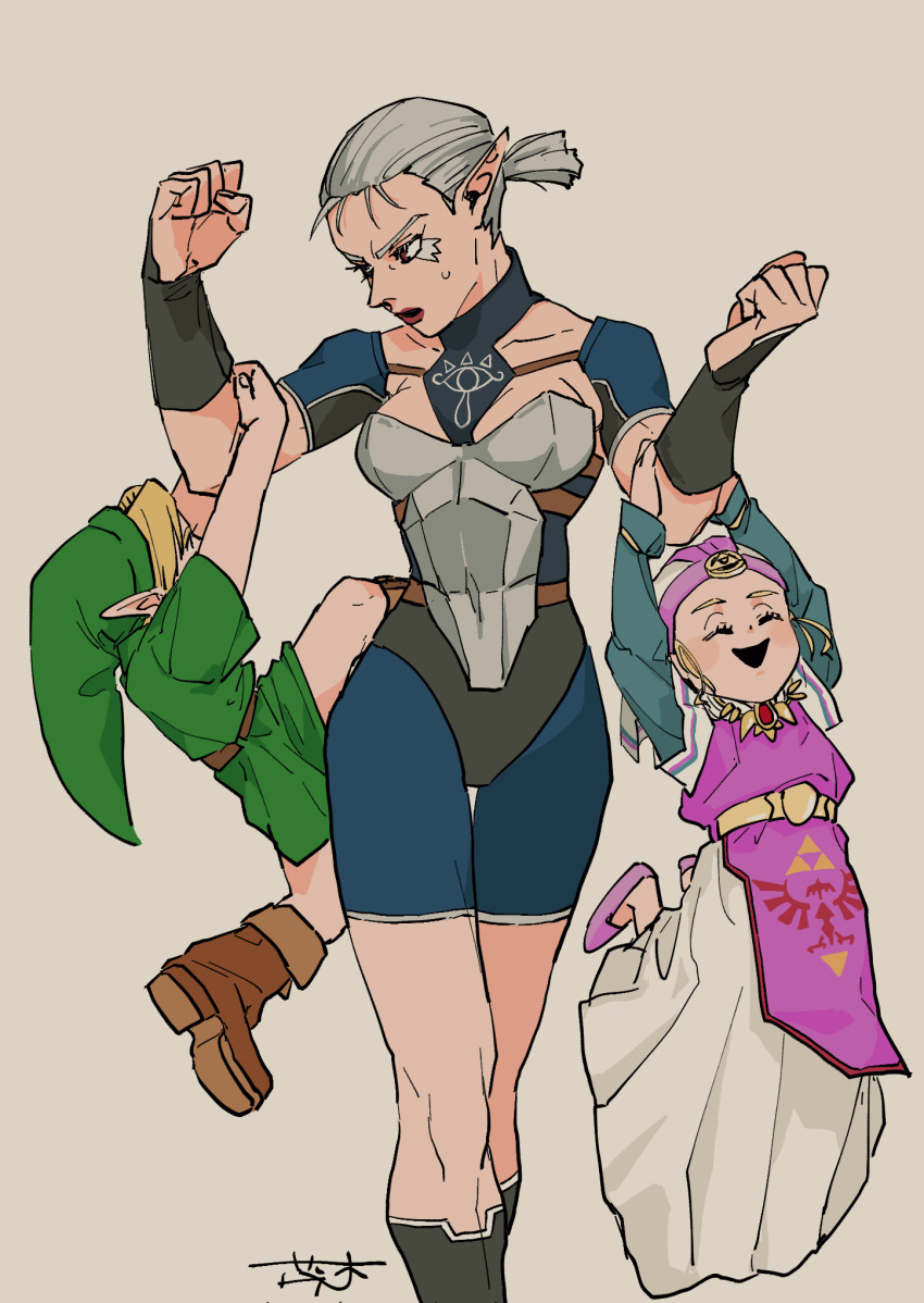1boy 2girls armor arms_up belt black_footwear blonde_hair blue_sleeves boobplate boots bracer breastplate breasts brooch brown_belt brown_footwear child closed_eyes collarbone commentary_request dress eye_symbol feet_out_of_frame green_hat green_tunic grey_hair hanging_on_arm hat highres impa jewelry juliet_sleeves link long_dress long_sleeves looking_at_another mature_female multiple_girls nintendo open_mouth pink_dress pink_footwear pointy_ears ponytail princess_zelda puffy_sleeves red_lips shoes short_hair short_ponytail shrub_mtg signature simple_background small_breasts smile standing the_legend_of_zelda the_legend_of_zelda:_ocarina_of_time tunic two-tone_dress vambraces white_dress white_hair white_headdress yellow_background young_link young_zelda