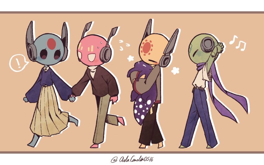 1girl 1other 2boys aida_(aidacamelia0516) arms_up barefoot blue_pants blue_skin blue_sweater blush brown_pants colored_skin creature five_pebbles full_body green_skin grey_shirt highres holding holding_creature hug iterator_(rain_world) long_sleeves looks_to_the_moon multiple_boys no_significant_harassment orange_background pants pleated_skirt puffy_long_sleeves puffy_sleeves purple_scarf rain_world robot_ears scarf seven_red_suns shirt short_sleeves simple_background skirt slugcat spearmaster_(rain_world) sweat sweater white_shirt yellow_skirt