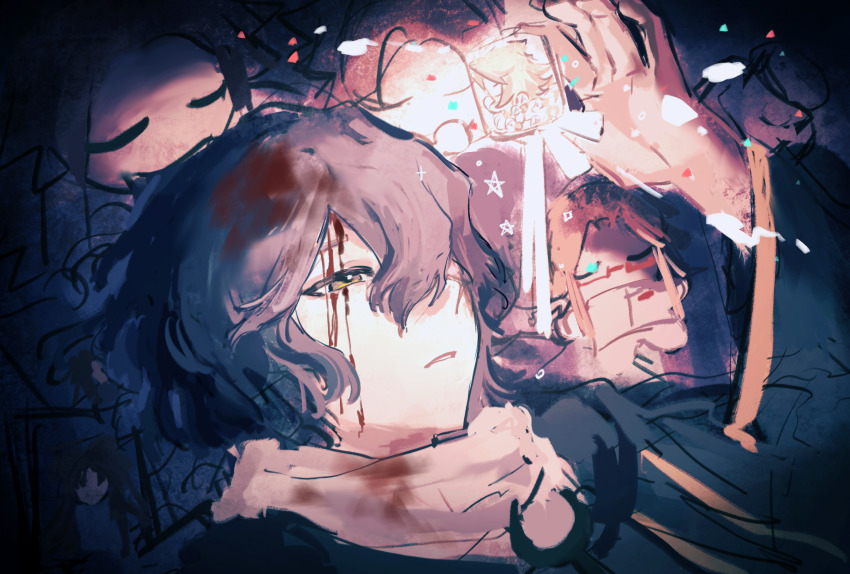 2boys blood_from_forehead blood blood_on_face closed_eyes gold_trim hatsutori_hajime highres limited_palette ling_zhiyun long_hair long_sleeves male_focus mini_person miniboy multiple_boys parted_lips saibou_shinkyoku short_hair sketch spoilers utsugi_noriyuki wide_sleeves yellow_eyes
