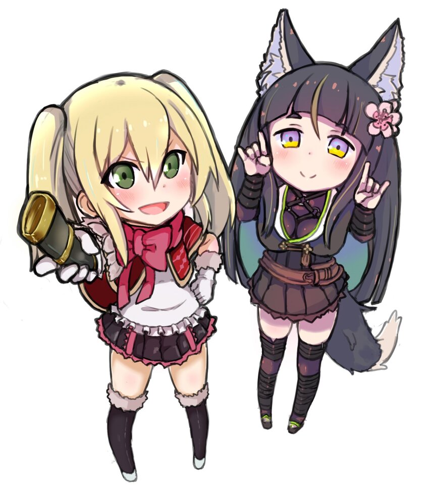 2girls animal_ear_fluff arm_wrap atsushi_(aaa-bbb) bellflower belt black_capelet black_dress black_hair black_skirt black_socks blonde_hair bow capelet chibi closed_mouth dress flower fox_shadow_puppet fox_tail green_eyes hand_on_own_hip highres kitsunegasaki_tametsugu_(tenka_hyakken) kneehighs leg_wrap miyabi_(tenka_hyakken) multiple_girls open_mouth outstretched_arm pink_bow pink_trim red_capelet scabbard sheath shirt skirt socks tail tenka_hyakken twintails v-shaped_eyebrows white_shirt yellow_eyes