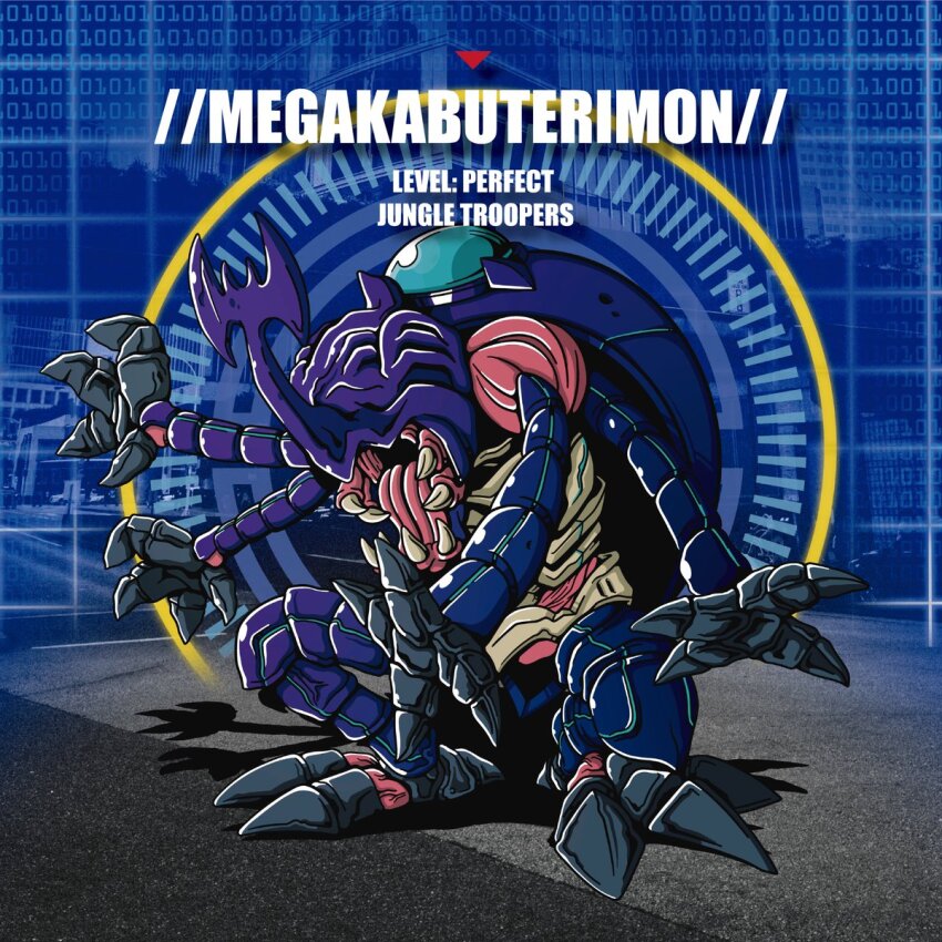 atlurkabuterimon atlurkabuterimon_(blue) bug digimon digimon_(creature) exoskeleton highres horns rhinoceros_beetle sharp_teeth teeth