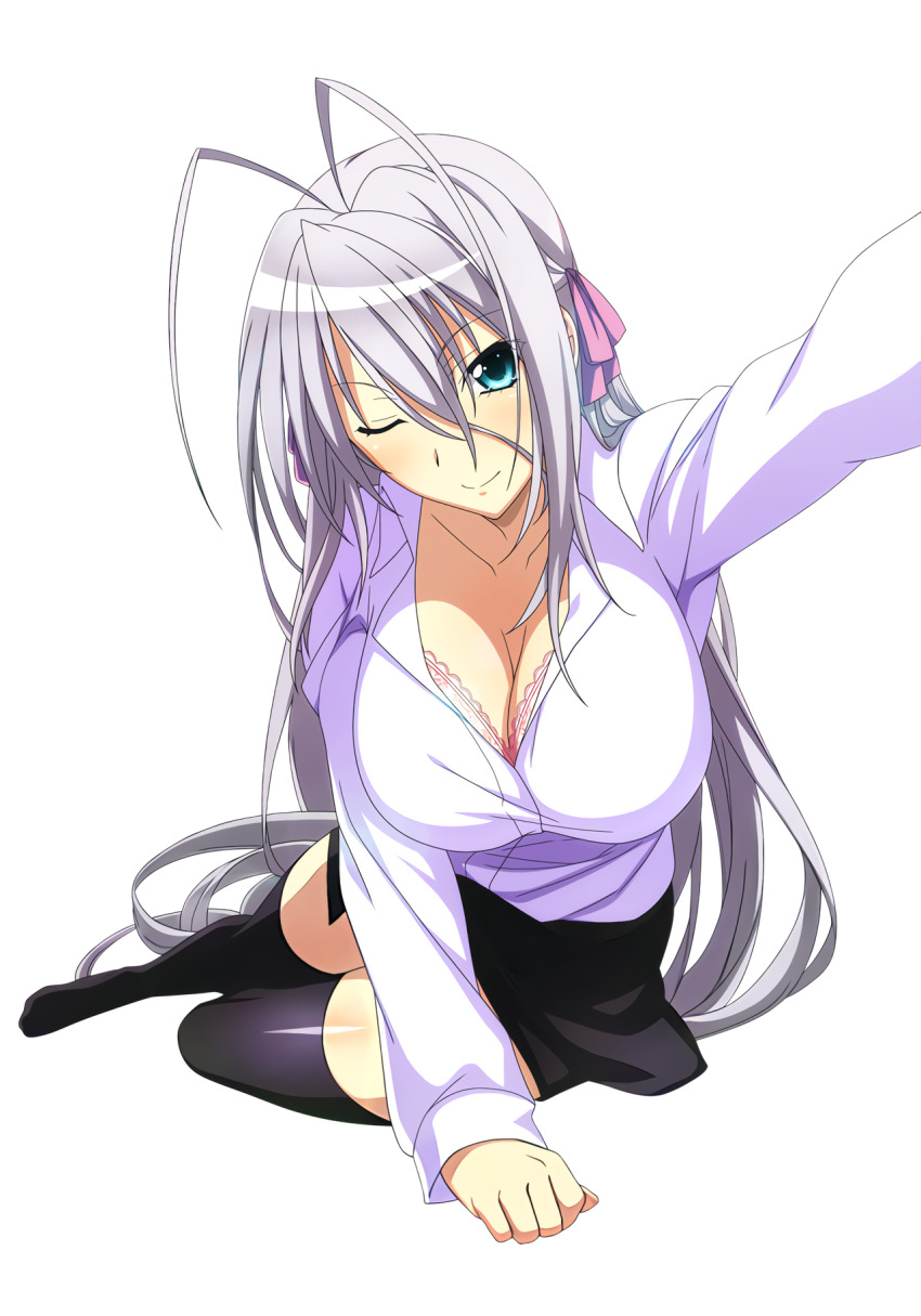 1girl antenna_hair blue_eyes breasts feet high_school_dxd highres large_breasts light_blush long_hair on_floor one_eye_closed pov rossweisse shirt skirt smile t-shirt thighhighs transparent_background white_hair