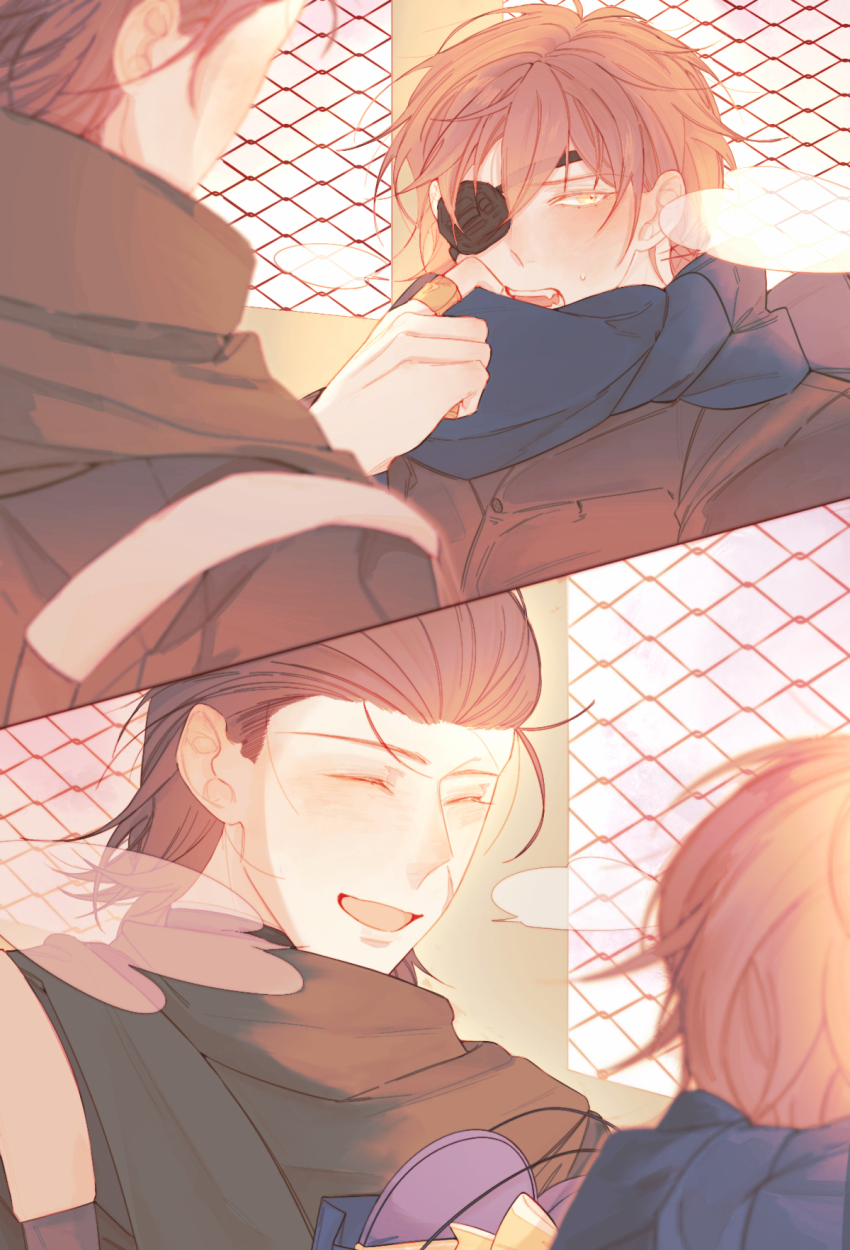 2boys :d ^_^ averting_eyes blue_scarf blush brown_hair brown_scarf chain-link_fence closed_eyes contemporary couple date_masamune_(sengoku_basara) embarrassed eyepatch facial_scar fangs fence highres hikatwinkle jewelry katakura_kojuurou_(sengoku_basara) looking_to_the_side male_focus multiple_boys open_mouth ring scar scar_on_cheek scar_on_face scarf sengoku_basara smile split_screen sweatdrop valentine yaoi yellow_eyes
