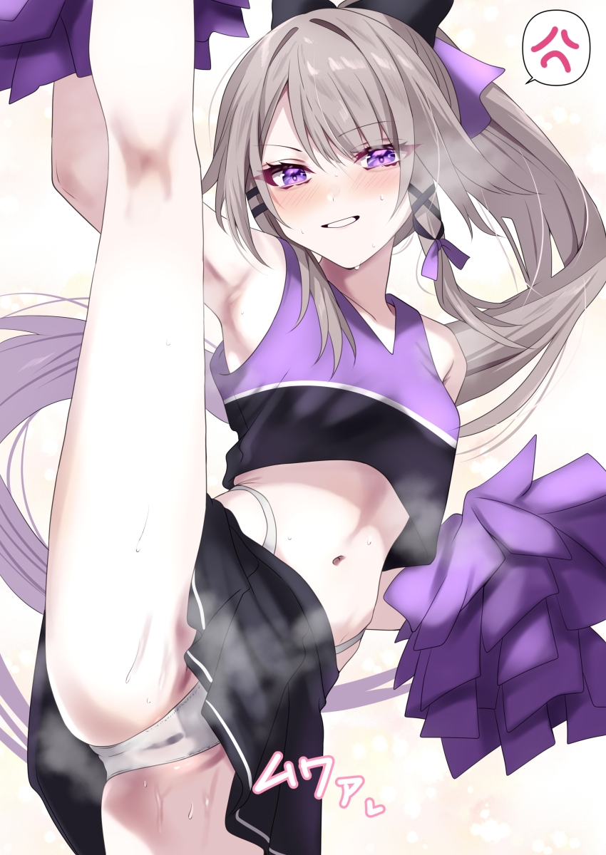 1girl absurdres anger_vein armpits black_shirt black_skirt blush brown_hair commentary_request grin herta_(honkai:_star_rail) highres holding holding_pom_poms honkai:_star_rail honkai_(series) long_hair navel panties pom_pom_(cheerleading) pom_poms purple_eyes purple_shirt shirt skirt sleeveless sleeveless_shirt smile solo split spoken_anger_vein standing standing_on_one_leg standing_split stomach sweat the_herta_(honkai:_star_rail) tonomiya68 underwear very_long_hair white_panties