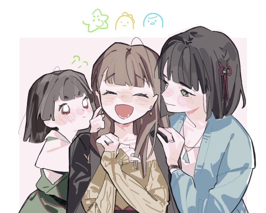 3girls black_hair black_jacket blue_cardigan blunt_bangs blunt_ends blush bob_cut border brown_hair cardigan center-flap_bangs child collarbone commentary dress family flower flower_knot frown green_eyes hair_flower hair_ornament highres if_they_mated ips_cells jacket jewelry kachimachi_kosuzu link!_like!_love_live! long_hair long_sleeves looking_at_another loose_hair_strand love_live! momose_ginko multiple_girls necklace nose_blush off-shoulder_sweater off_shoulder open_mouth outside_border pink_background pink_eyes pipi_(m1x_mix) puff_of_air short_eyebrows short_hair simple_background smile straight_hair sweater thick_eyebrows upper_body v-shaped_eyebrows virtual_youtuber white_border white_dress yellow_sweater yuri