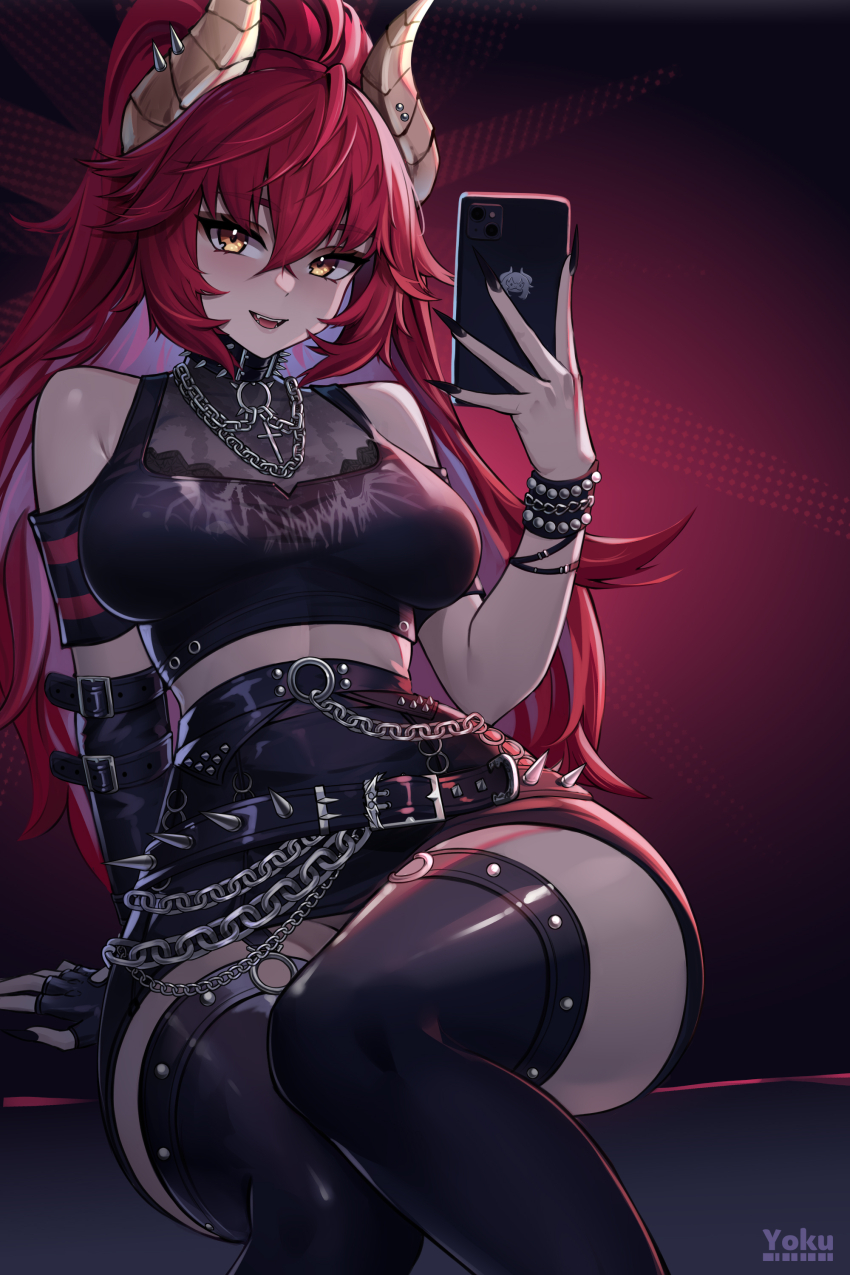 1girl absurdres belt black_belt black_choker black_gloves black_nails black_shirt black_shorts black_thighhighs breasts cellphone choker dragon_girl dragon_horns elbow_gloves gloves highres holding holding_phone horns large_breasts looking_at_viewer nail_polish open_mouth phone red_hair rer_goku shirt shorts single_glove smartphone smile solo spiked_belt spiked_choker spikes thighhighs virtual_youtuber vshojo yellow_eyes zentreya zentreya_(dragon) zentreya_(dragon)_(metalheads)