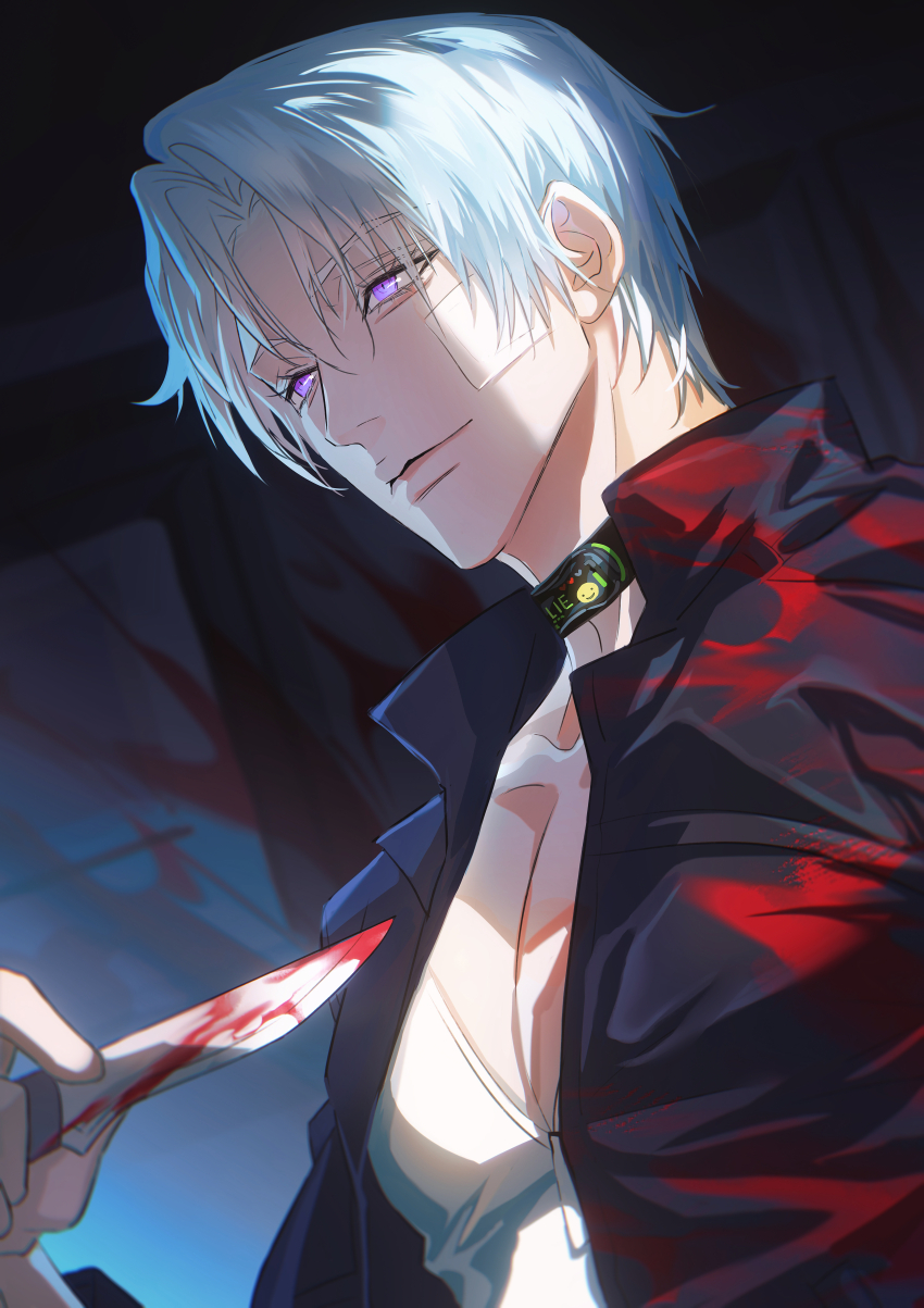 1boy absurdres bandaid black_jacket blood bloody_knife bloody_weapon charlie_su choker closed_mouth highres holding holding_knife jacket knife light_and_night_love looking_at_viewer male_focus open_clothes parted_bangs purple_eyes shirt short_hair smile solo upper_body weapon white_hair white_shirt zhuowang233