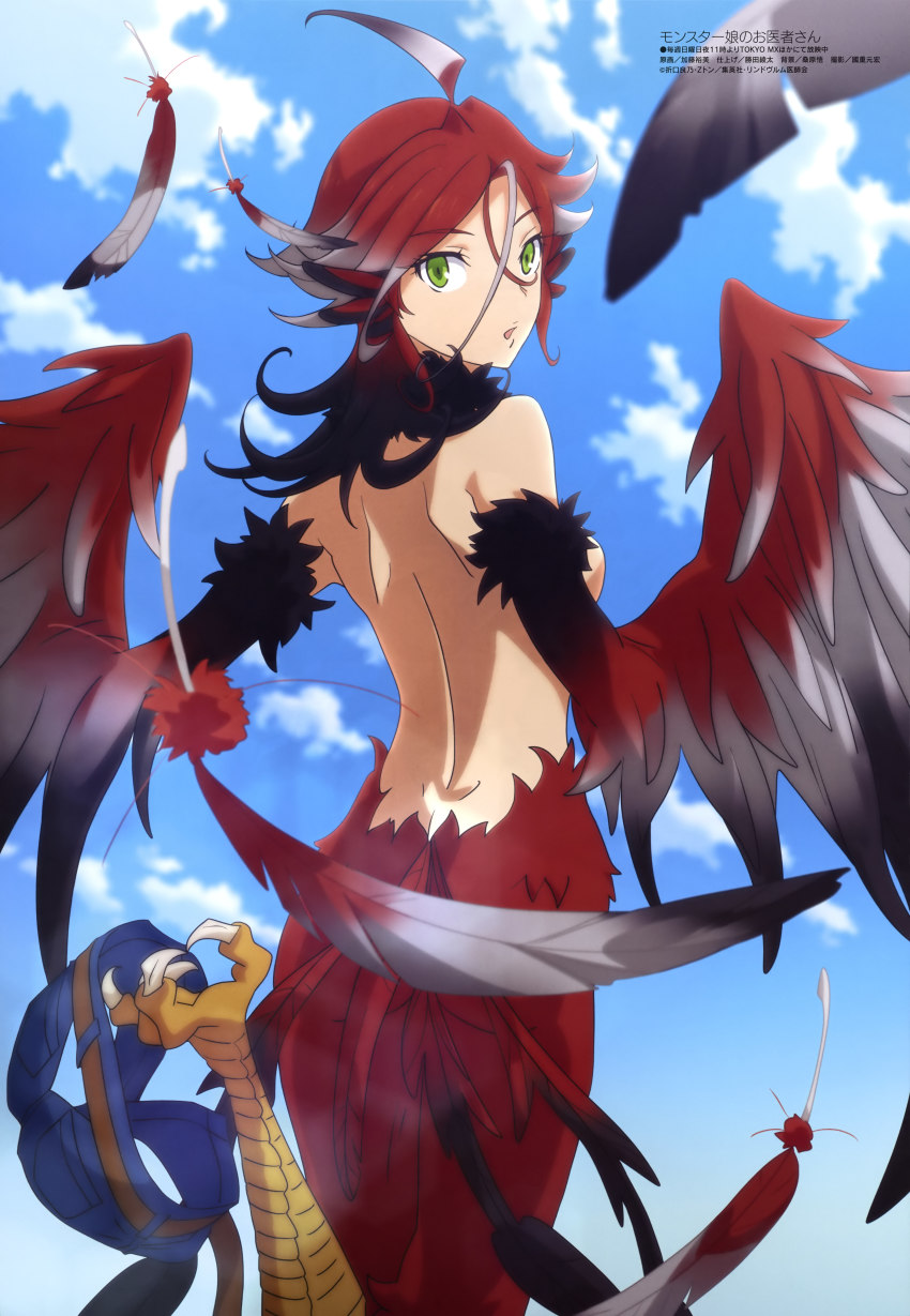 1girl absurdres ahoge ass back bird_legs black_feathers black_hair blue_sky breasts claws cloud completely_nude day feather_trim feathered_wings feathers green_eyes grey_feathers grey_hair hair_between_eyes harpy highres illy_(monster_musume_no_oisha-san) katou_hiromi looking_at_viewer looking_back monster_girl monster_musume_no_oisha-san multicolored_hair multicolored_wings nude official_art parted_lips red_feathers red_hair scan shorts unworn_shorts sky solo talons winged_arms wings