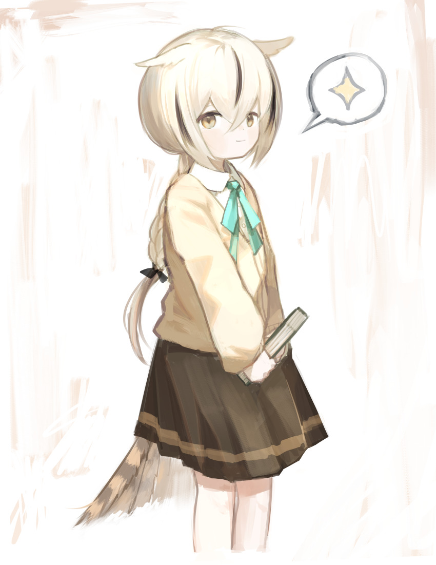 1girl absurdres animal_ears black_hair black_ribbon blonde_hair blue_ribbon book braid braided_ponytail brown_skirt closed_mouth collared_shirt commentary cropped_legs crossed_bangs hair_between_eyes hair_ribbon head_wings highres holding holding_book ic_(iccccccccc81) long_hair long_sleeves looking_at_viewer mia_(ic) multicolored_hair neck_ribbon original owl_girl ribbon shirt single_braid skirt smile solo speech_bubble streaked_hair sweater symbol-only_commentary tail two-tone_hair white_shirt wings yellow_eyes yellow_sweater
