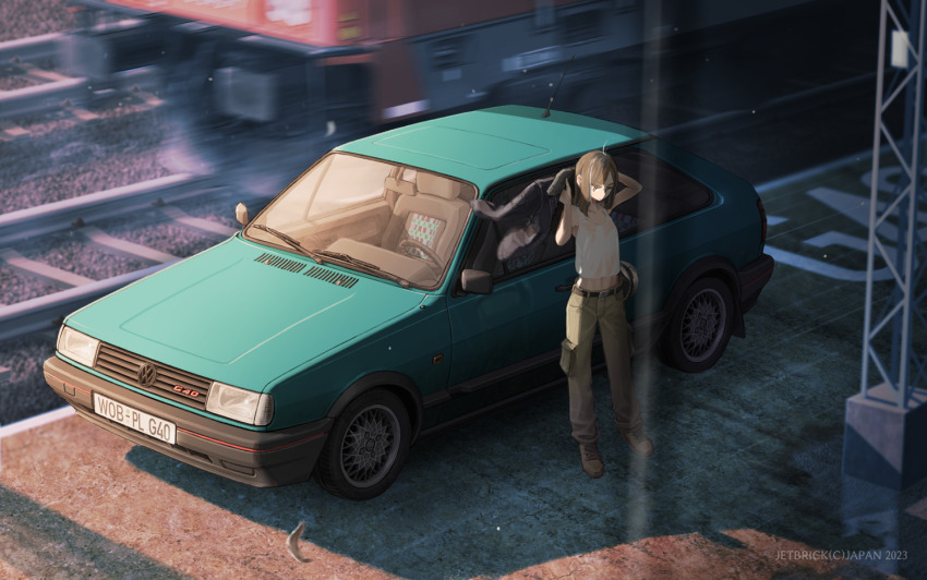 1girl aqua_car artist_name black_jacket brown_footwear brown_hair brown_pants camisole car copyright_notice jacket jettoburikku medium_hair morning motion_blur motor_vehicle original outdoors pants railroad_tracks shadow solo train volkswagen white_camisole