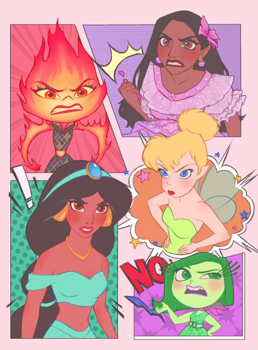 5girls aladdin_(movie) arabian_clothes bare_shoulders black_hair blonde_hair breasts brown_eyes brown_hair dark-skinned_female dark_skin disgust_(inside_out) disney dress earrings elemental_(creature) elemental_(movie) ember_(elemental) encanto fairy fairy_wings fire fire_elemental green_dress green_tunic hair_bun highres inside_out isabela_madrigal jasmine_(disney) jewelry long_hair looking_at_viewer multiple_girls navel necklace off_shoulder orange_eyes pants ri_ri_ri2 single_hair_bun sleeveless sleeveless_dress tinker_bell_(disney) tunic very_long_hair walt_disney&#039;s_peter_pan wings