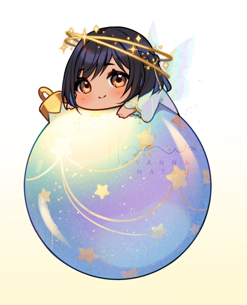 1girl artist_name black_hair blue_wings brown_eyes chibi christmas_ornaments closed_mouth commentary cowboy_shot dark-skinned_female dark_skin dress english_commentary eyelashes fairy_wings gradient_background halo highres hyanna-natsu light_blush long_sleeves looking_at_viewer mini_person minigirl original smile solo sparkle star_(symbol) swept_bangs transparent_wings watermark white_background white_dress wide_sleeves wings ych_commission yellow_background yellow_halo